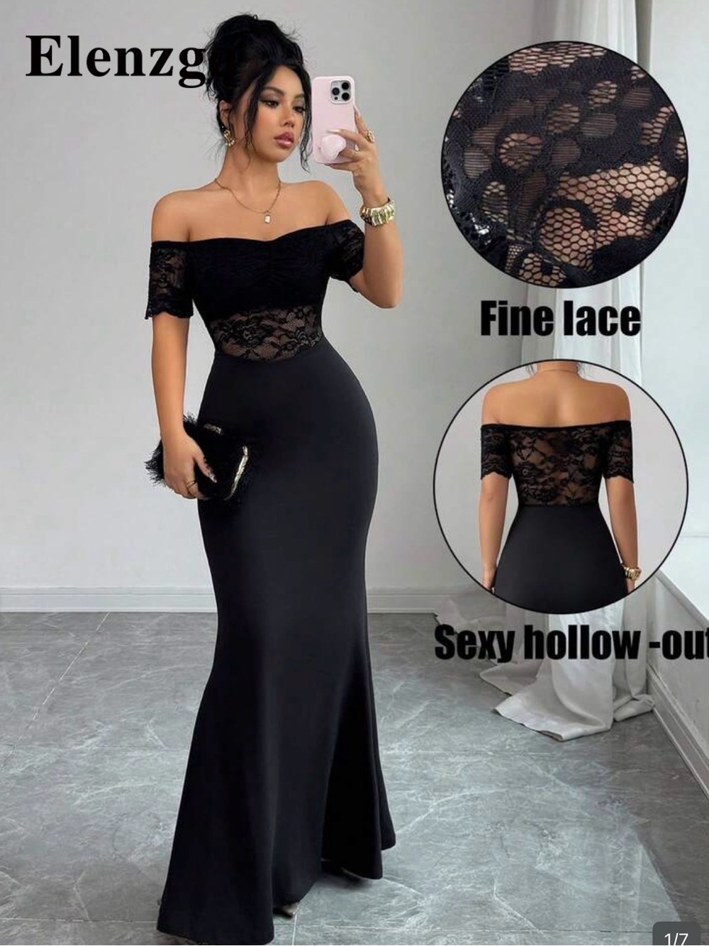 SHEIN Black Off-Shoulder Lace Mermaid Evening Gown